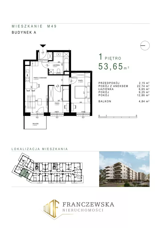 3 pokoje, mieszkanie 53,65 m², piętro 1, oferta nr 49, Osiedle Roztocze, Lublin, Węglin Południowy, ul. Roztocze 6