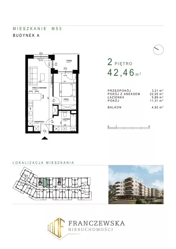 2 pokoje, mieszkanie 42,46 m², piętro 2, oferta nr 53, Osiedle Roztocze, Lublin, Węglin Południowy, ul. Roztocze 6