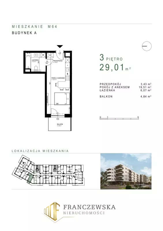 1 pokój, mieszkanie 29,01 m², piętro 3, oferta nr 64, Osiedle Roztocze, Lublin, Węglin Południowy, ul. Roztocze 6