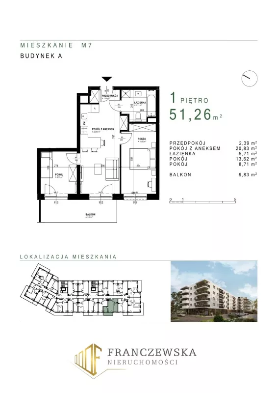3 pokoje, mieszkanie 51,26 m², piętro 1, oferta nr 7, Osiedle Roztocze, Lublin, Węglin Południowy, ul. Roztocze 6