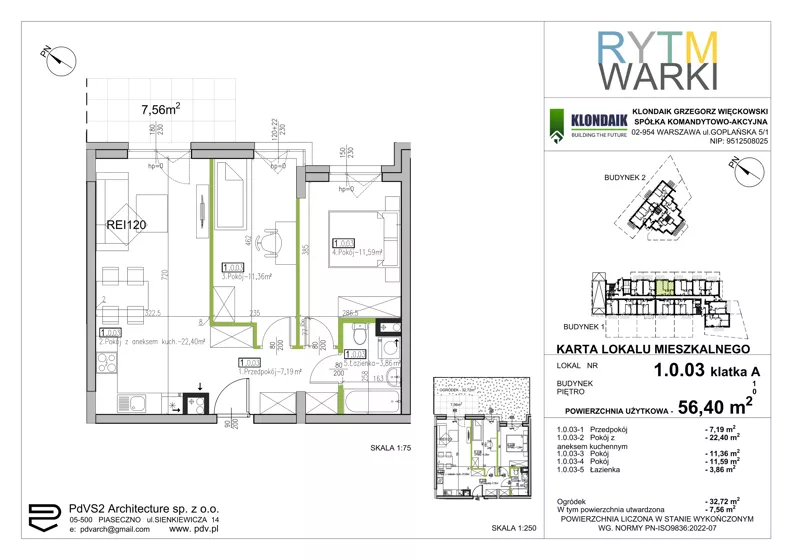3 pokoje, mieszkanie 56,40 m², parter, oferta nr 1.A.0.03, Rytm Warki, Warka, ul. Armii Krajowej 4A, 4B