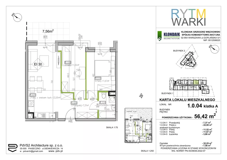 3 pokoje, mieszkanie 56,42 m², parter, oferta nr 1.A.0.04, Rytm Warki, Warka, ul. Armii Krajowej 4A, 4B