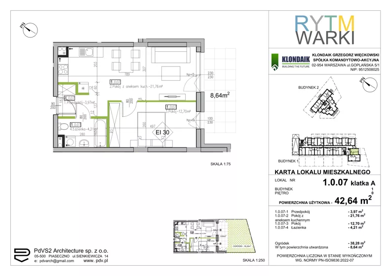 2 pokoje, mieszkanie 42,64 m², parter, oferta nr 1.A.0.07, Rytm Warki, Warka, ul. Armii Krajowej 4A, 4B