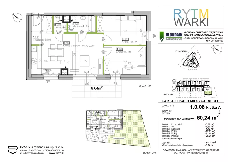 3 pokoje, mieszkanie 60,24 m², parter, oferta nr 1.A.0.08, Rytm Warki, Warka, ul. Armii Krajowej 4A, 4B