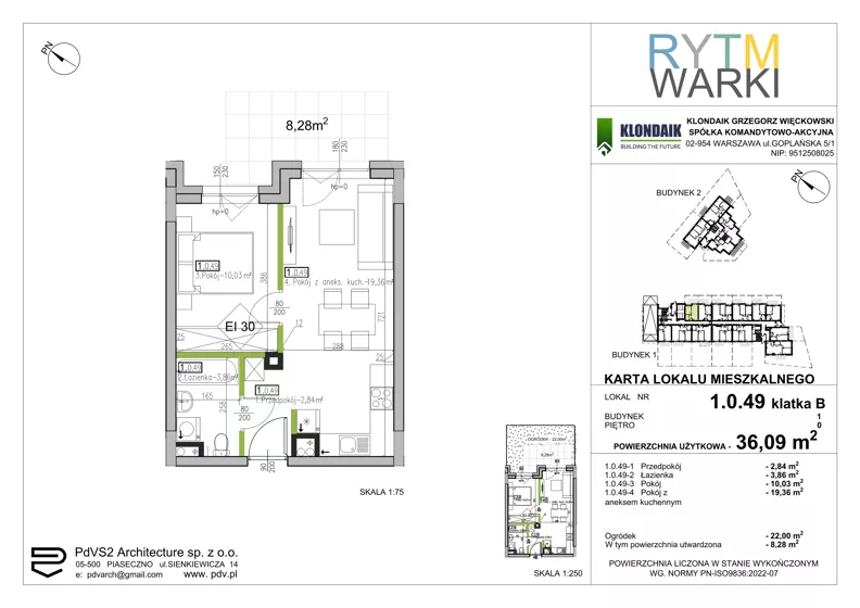 2 pokoje, mieszkanie 36,09 m², parter, oferta nr 1.B.0.49, Rytm Warki, Warka, ul. Armii Krajowej 4A, 4B