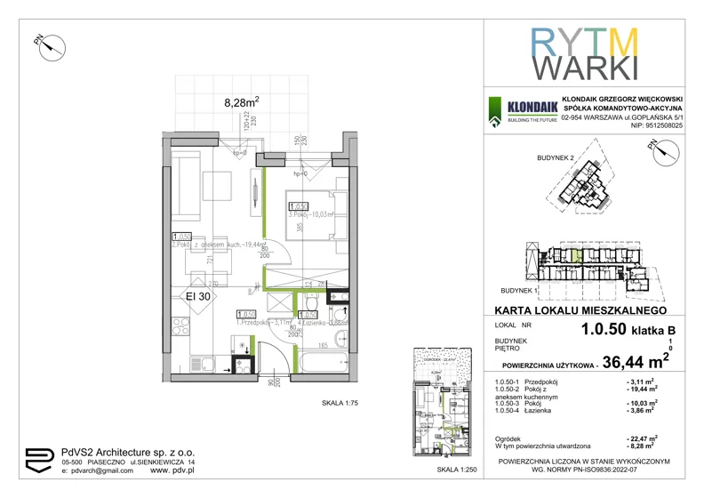 2 pokoje, mieszkanie 36,44 m², parter, oferta nr 1.B.0.50, Rytm Warki, Warka, ul. Armii Krajowej 4A, 4B