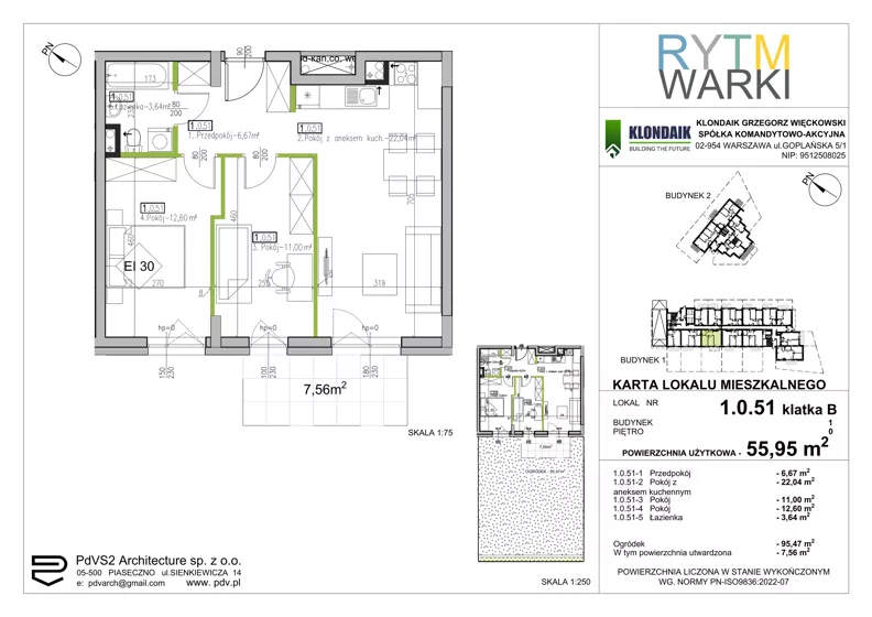 3 pokoje, mieszkanie 55,95 m², parter, oferta nr 1.B.0.51, Rytm Warki, Warka, ul. Armii Krajowej 4A, 4B