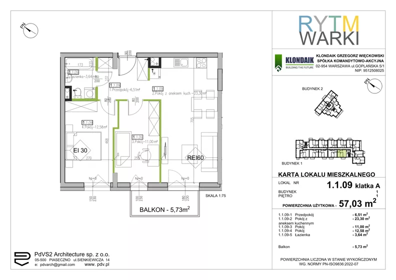 3 pokoje, mieszkanie 57,03 m², piętro 1, oferta nr 1.A.1.09, Rytm Warki, Warka, ul. Armii Krajowej 4A, 4B