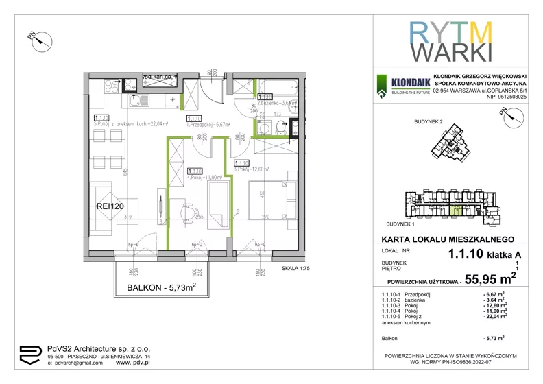 3 pokoje, mieszkanie 55,95 m², piętro 1, oferta nr 1.A.1.10, Rytm Warki, Warka, ul. Armii Krajowej 4A, 4B