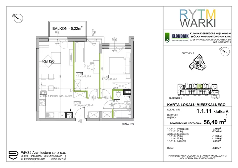 3 pokoje, mieszkanie 56,40 m², piętro 1, oferta nr 1.A.1.11, Rytm Warki, Warka, ul. Armii Krajowej 4A, 4B