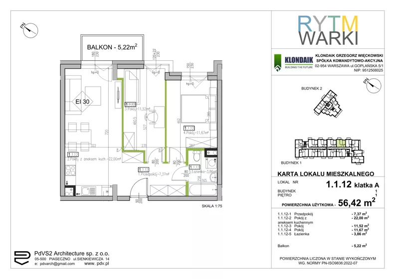 3 pokoje, mieszkanie 56,42 m², piętro 1, oferta nr 1.A.1.12, Rytm Warki, Warka, ul. Armii Krajowej 4A, 4B