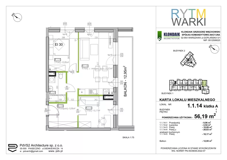 3 pokoje, mieszkanie 56,19 m², piętro 1, oferta nr 1.A.1.14, Rytm Warki, Warka, ul. Armii Krajowej 4A, 4B