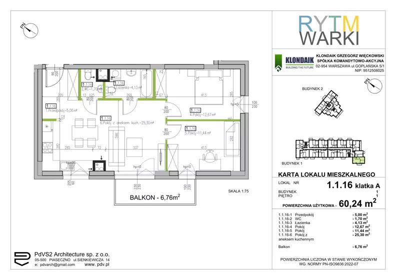 3 pokoje, mieszkanie 60,24 m², piętro 1, oferta nr 1.A.1.16, Rytm Warki, Warka, ul. Armii Krajowej 4A, 4B