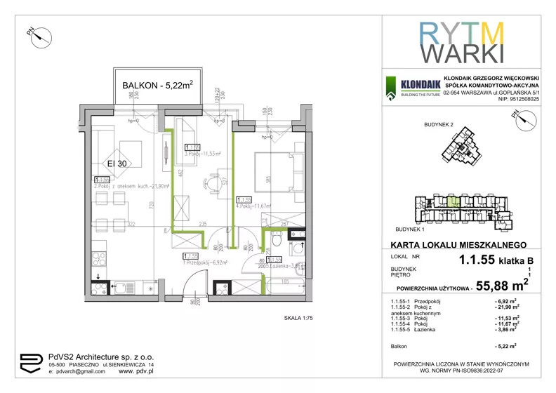 3 pokoje, mieszkanie 55,88 m², piętro 1, oferta nr 1.B.1.55, Rytm Warki, Warka, ul. Armii Krajowej 4A, 4B