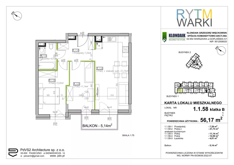 3 pokoje, mieszkanie 56,17 m², piętro 1, oferta nr 1.B.1.58, Rytm Warki, Warka, ul. Armii Krajowej 4A, 4B