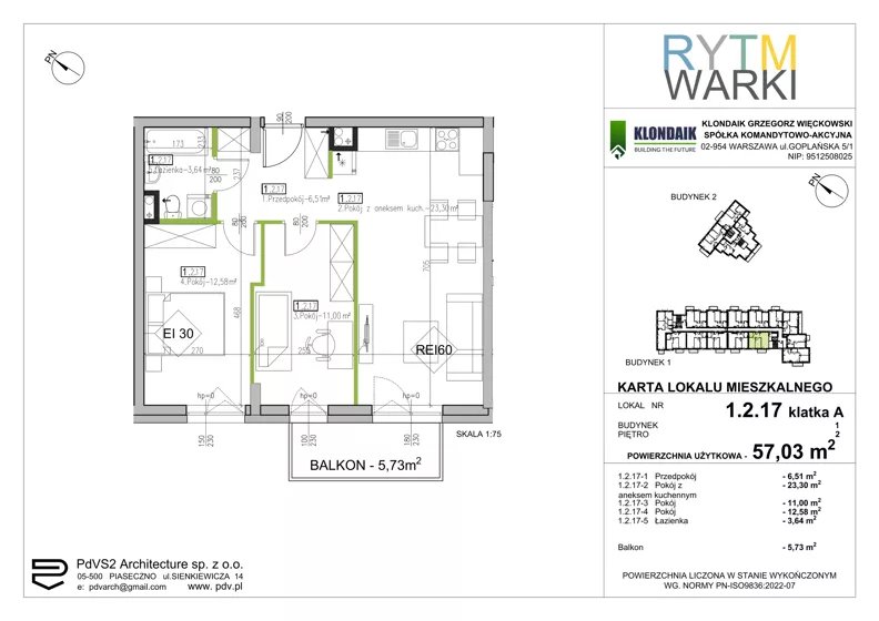 3 pokoje, mieszkanie 57,03 m², piętro 2, oferta nr 1.A.2.17, Rytm Warki, Warka, ul. Armii Krajowej 4A, 4B