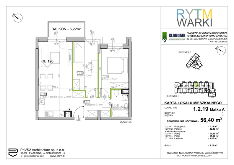 3 pokoje, mieszkanie 56,40 m², piętro 2, oferta nr 1.A.2.19, Rytm Warki, Warka, ul. Armii Krajowej 4A, 4B
