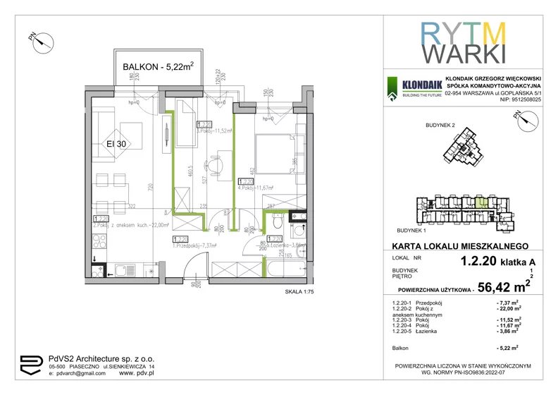 3 pokoje, mieszkanie 56,42 m², piętro 2, oferta nr 1.A.2.20, Rytm Warki, Warka, ul. Armii Krajowej 4A, 4B