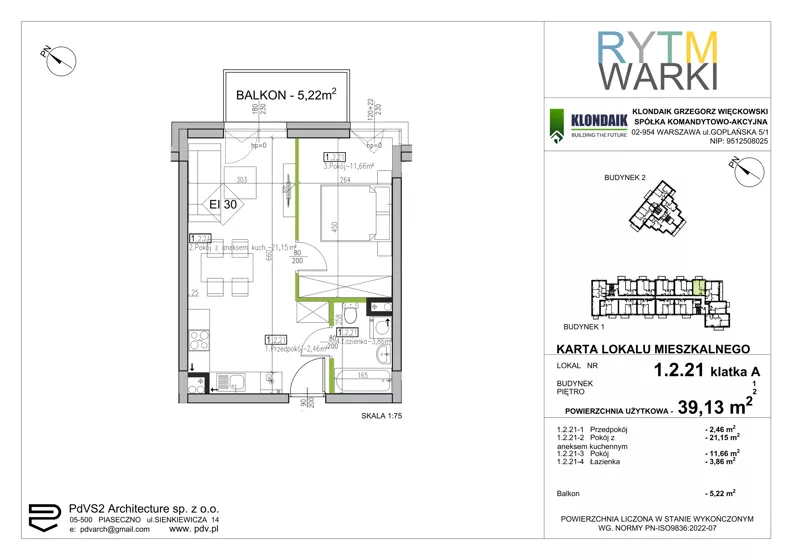 2 pokoje, mieszkanie 39,13 m², piętro 2, oferta nr 1.A.2.21, Rytm Warki, Warka, ul. Armii Krajowej 4A, 4B