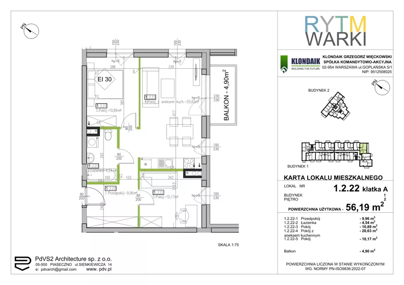 3 pokoje, mieszkanie 56,19 m², piętro 2, oferta nr 1.A.2.22, Rytm Warki, Warka, ul. Armii Krajowej 4A, 4B