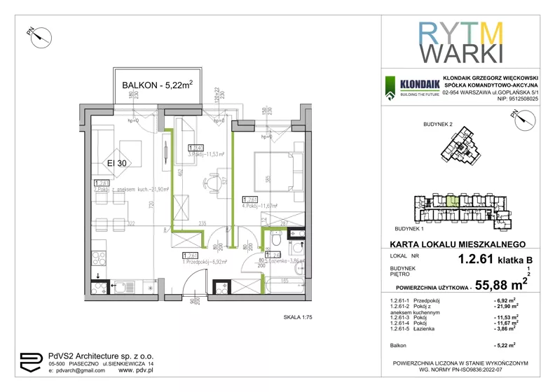 3 pokoje, mieszkanie 55,88 m², piętro 2, oferta nr 1.B.2.61, Rytm Warki, Warka, ul. Armii Krajowej 4A, 4B