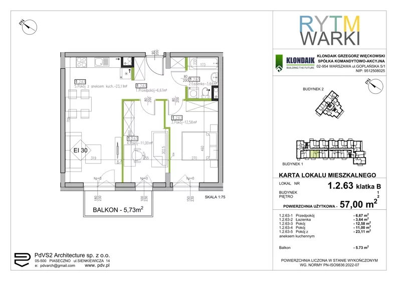 3 pokoje, mieszkanie 57,00 m², piętro 2, oferta nr 1.B.2.63, Rytm Warki, Warka, ul. Armii Krajowej 4A, 4B