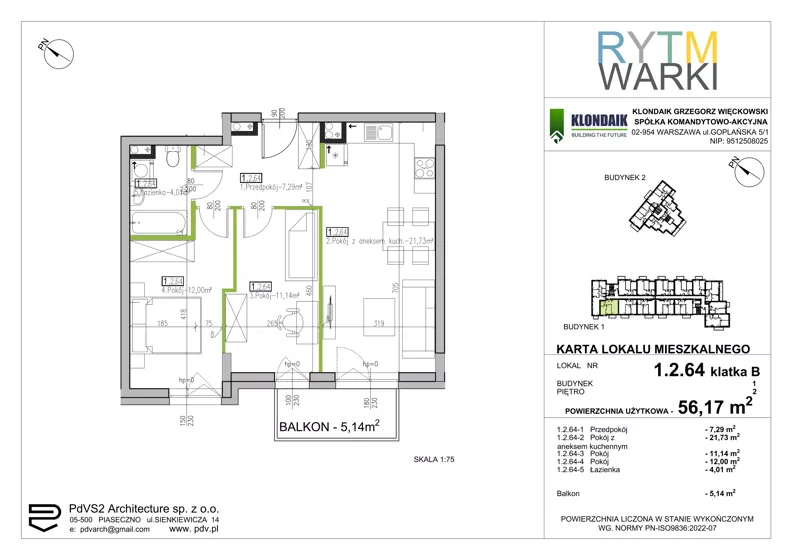 3 pokoje, mieszkanie 56,17 m², piętro 2, oferta nr 1.B.2.64, Rytm Warki, Warka, ul. Armii Krajowej 4A, 4B