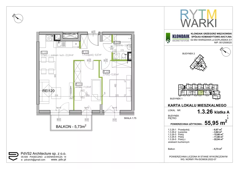 3 pokoje, mieszkanie 55,95 m², piętro 3, oferta nr 1.A.3.26, Rytm Warki, Warka, ul. Armii Krajowej 4A, 4B