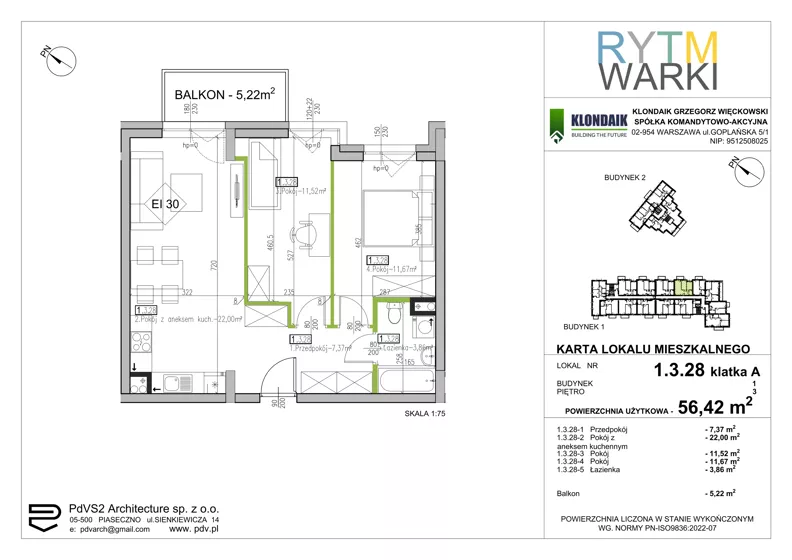 3 pokoje, mieszkanie 56,42 m², piętro 3, oferta nr 1.A.3.28, Rytm Warki, Warka, ul. Armii Krajowej 4A, 4B