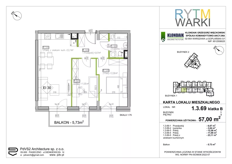 3 pokoje, mieszkanie 57,00 m², piętro 3, oferta nr 1.B.3.69, Rytm Warki, Warka, ul. Armii Krajowej 4A, 4B