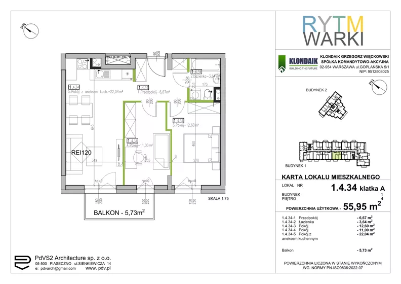3 pokoje, mieszkanie 55,95 m², piętro 4, oferta nr 1.A.4.34, Rytm Warki, Warka, ul. Armii Krajowej 4A, 4B