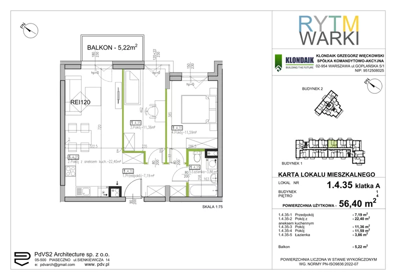 3 pokoje, mieszkanie 56,40 m², piętro 4, oferta nr 1.A.4.35, Rytm Warki, Warka, ul. Armii Krajowej 4A, 4B
