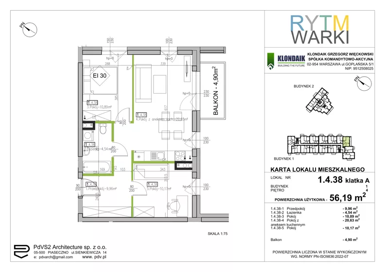 3 pokoje, mieszkanie 56,19 m², piętro 4, oferta nr 1.A.4.38, Rytm Warki, Warka, ul. Armii Krajowej 4A, 4B