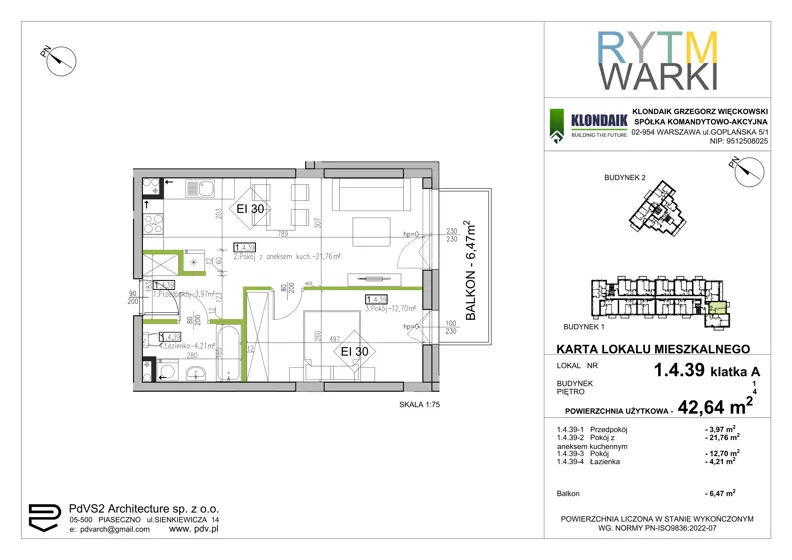 2 pokoje, mieszkanie 42,64 m², piętro 4, oferta nr 1.A.4.39, Rytm Warki, Warka, ul. Armii Krajowej 4A, 4B