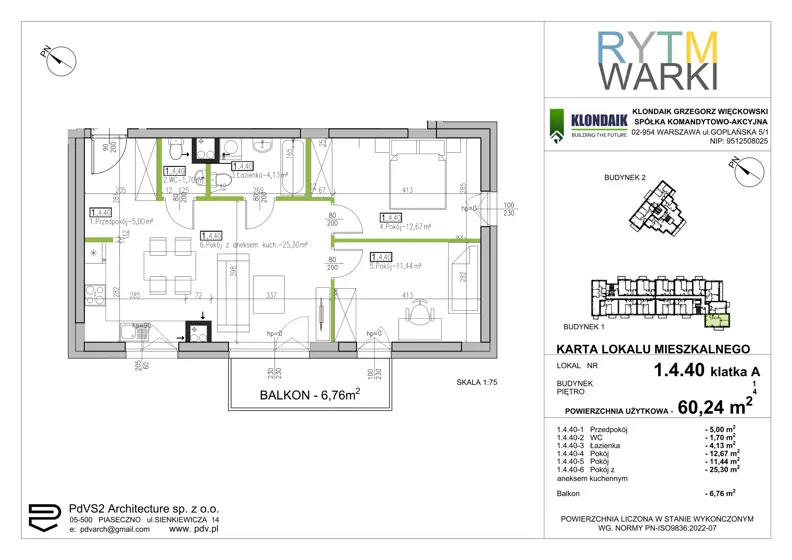 3 pokoje, mieszkanie 60,24 m², piętro 4, oferta nr 1.A.4.40, Rytm Warki, Warka, ul. Armii Krajowej 4A, 4B