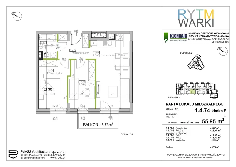 3 pokoje, mieszkanie 55,95 m², piętro 4, oferta nr 1.B.4.74, Rytm Warki, Warka, ul. Armii Krajowej 4A, 4B