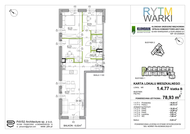 4 pokoje, mieszkanie 78,93 m², piętro 4, oferta nr 1.B.4.77, Rytm Warki, Warka, ul. Armii Krajowej 4A, 4B