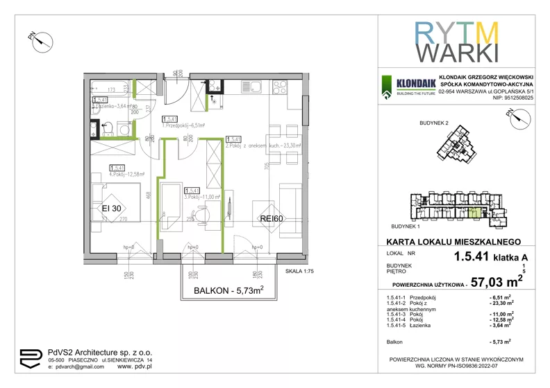 3 pokoje, mieszkanie 57,03 m², piętro 5, oferta nr 1.A.5.41, Rytm Warki, Warka, ul. Armii Krajowej 4A, 4B