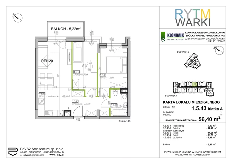 3 pokoje, mieszkanie 56,40 m², piętro 5, oferta nr 1.A.5.43, Rytm Warki, Warka, ul. Armii Krajowej 4A, 4B
