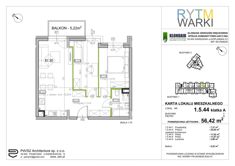 3 pokoje, mieszkanie 56,42 m², piętro 5, oferta nr 1.A.5.44, Rytm Warki, Warka, ul. Armii Krajowej 4A, 4B