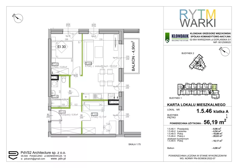 3 pokoje, mieszkanie 56,19 m², piętro 5, oferta nr 1.A.5.46, Rytm Warki, Warka, ul. Armii Krajowej 4A, 4B