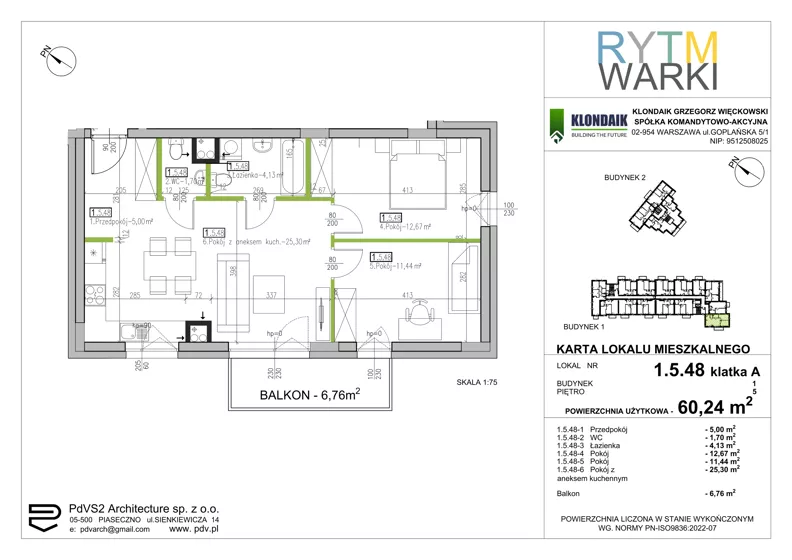 3 pokoje, mieszkanie 60,24 m², piętro 5, oferta nr 1.A.5.48, Rytm Warki, Warka, ul. Armii Krajowej 4A, 4B