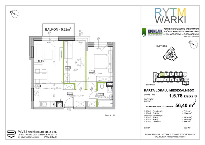 3 pokoje, mieszkanie 56,40 m², piętro 5, oferta nr 1.B.5.78, Rytm Warki, Warka, ul. Armii Krajowej 4A, 4B