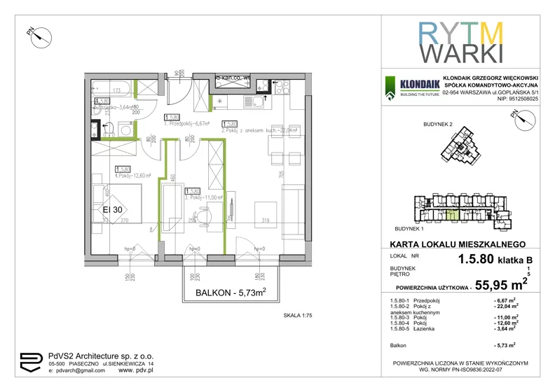 3 pokoje, mieszkanie 55,95 m², piętro 5, oferta nr 1.B.5.80, Rytm Warki, Warka, ul. Armii Krajowej 4A, 4B