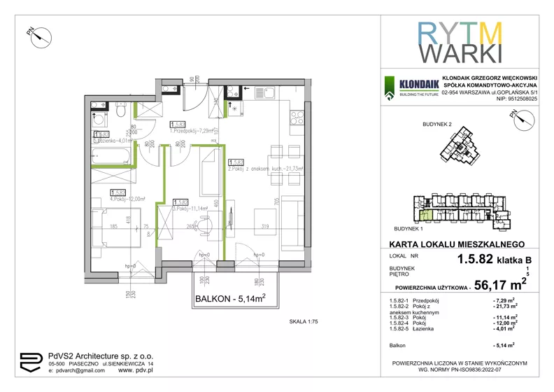 3 pokoje, mieszkanie 56,17 m², piętro 5, oferta nr 1.B.5.82, Rytm Warki, Warka, ul. Armii Krajowej 4A, 4B