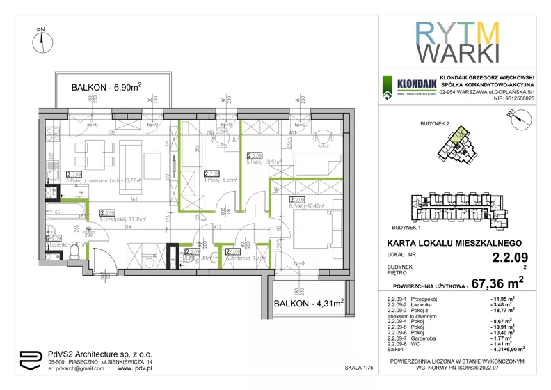 4 pokoje, mieszkanie 67,36 m², piętro 2, oferta nr 2.2.09, Rytm Warki, Warka, ul. Armii Krajowej 4A, 4B