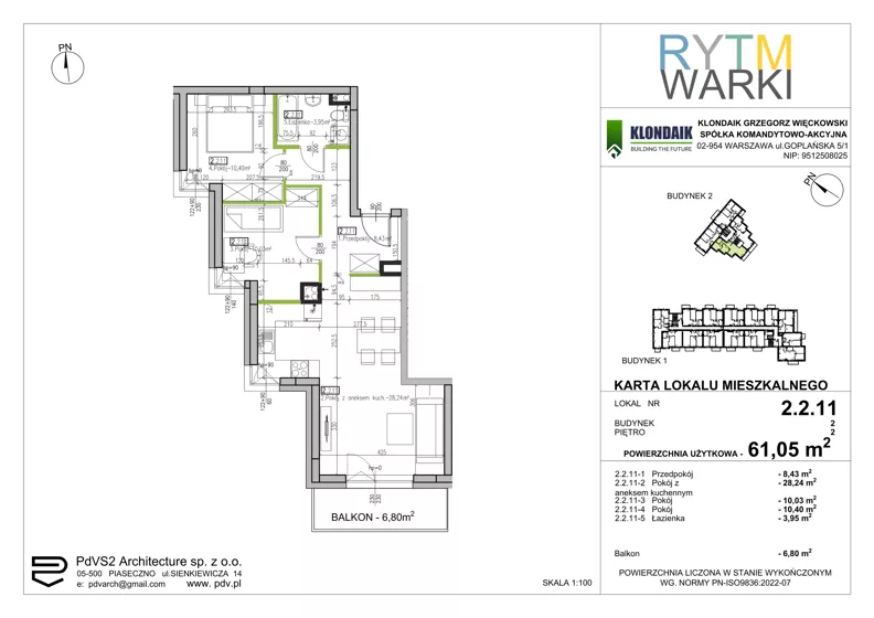 3 pokoje, mieszkanie 61,05 m², piętro 2, oferta nr 2.2.11, Rytm Warki, Warka, ul. Armii Krajowej 4A, 4B