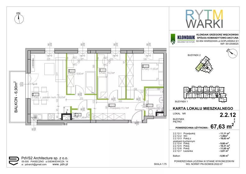 4 pokoje, mieszkanie 67,63 m², piętro 2, oferta nr 2.2.12, Rytm Warki, Warka, ul. Armii Krajowej 4A, 4B