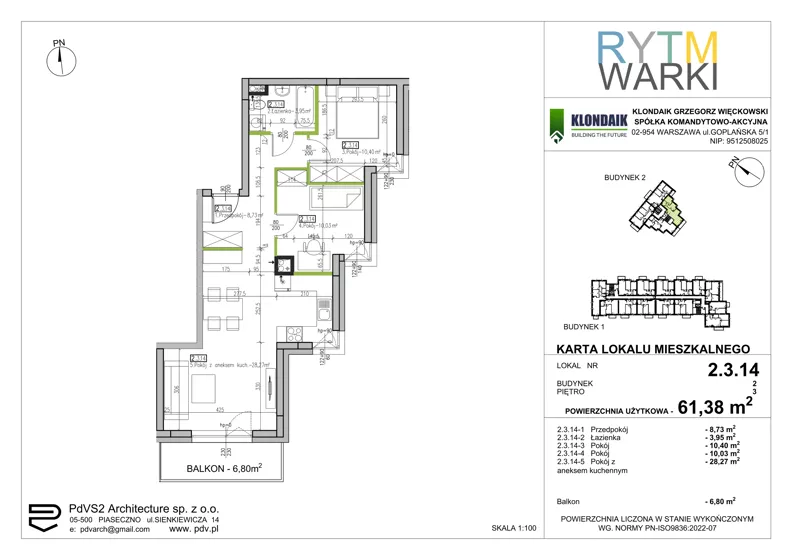 3 pokoje, mieszkanie 61,38 m², piętro 3, oferta nr 2.3.14, Rytm Warki, Warka, ul. Armii Krajowej 4A, 4B