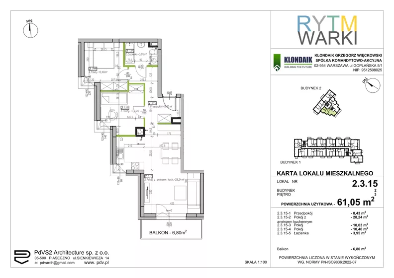 3 pokoje, mieszkanie 61,05 m², piętro 3, oferta nr 2.3.15, Rytm Warki, Warka, ul. Armii Krajowej 4A, 4B